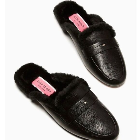 Kate Spade Caelyn black leather shearling lined slides NIB - Picture 1 of 12